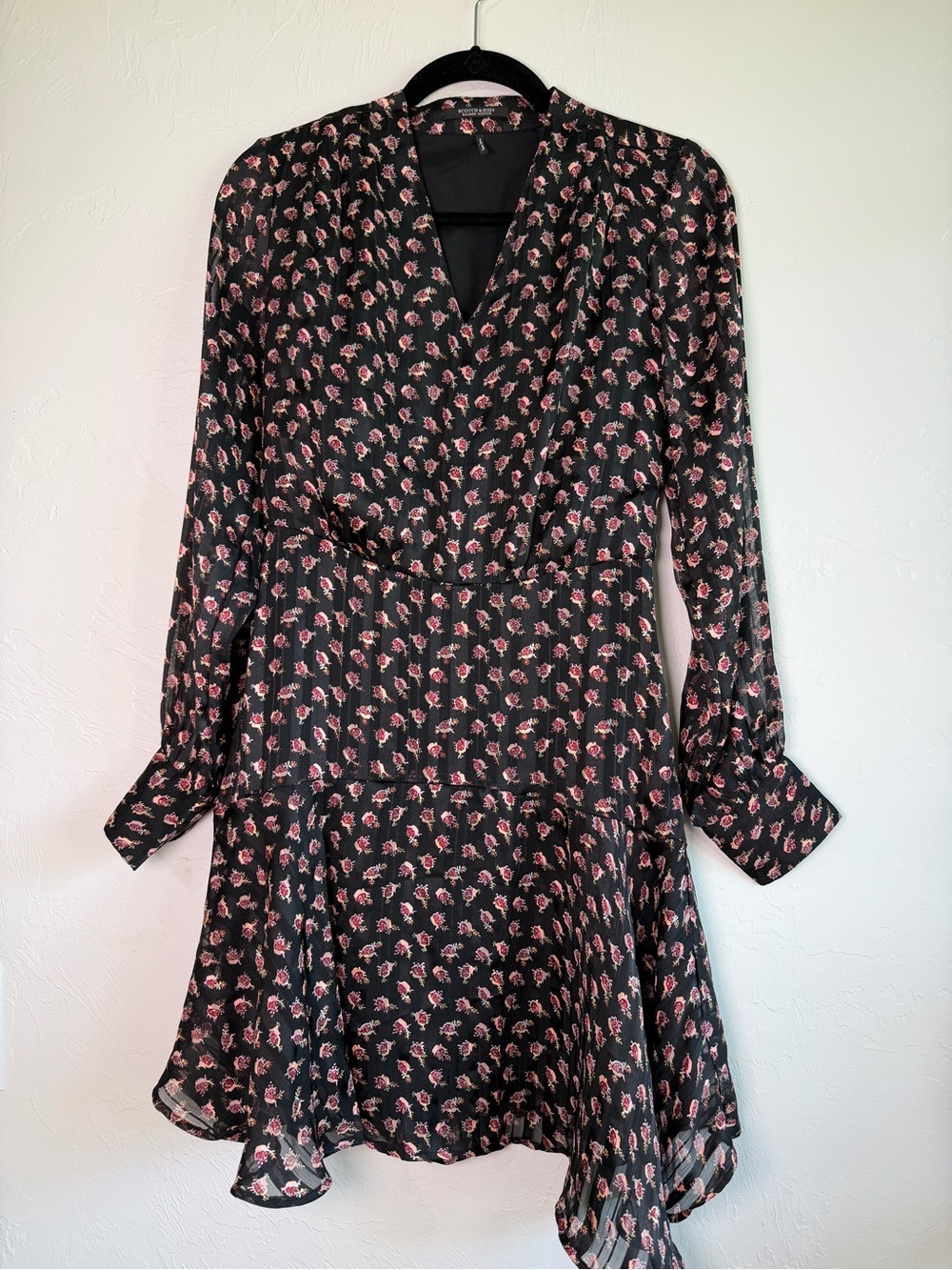 Scotch & Soda Black Long-Sleeve V-Neck Floral Mini Dress size xs - Picture 5 of 10